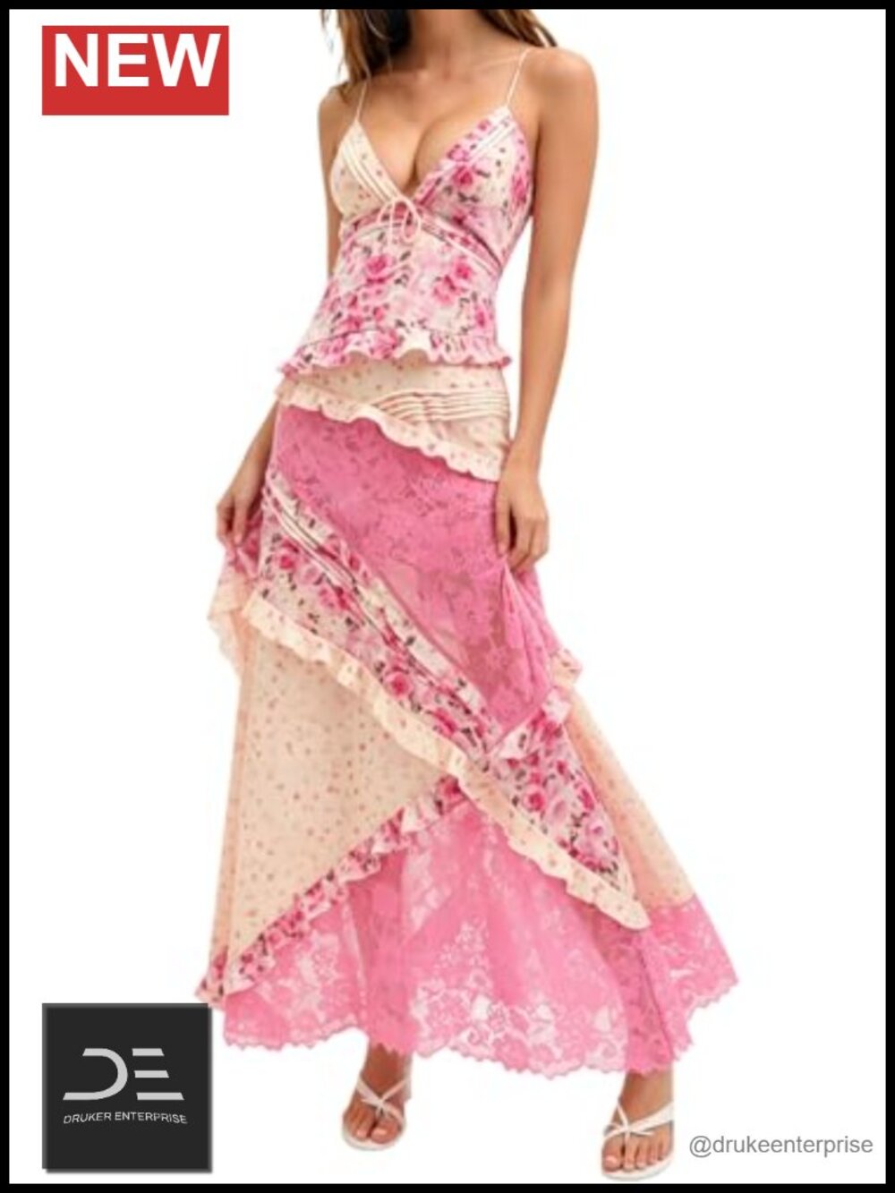 Floral Lace Maxi Dress Spaghetti Strap Backless Ruffle Boho